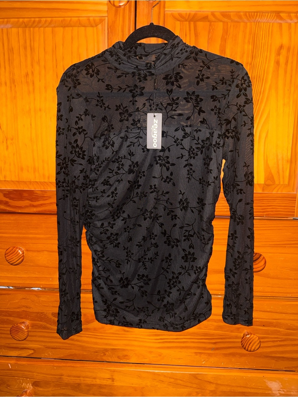 Z Black Floral-Patterned Long-Sleeve Mock Neck Shirt